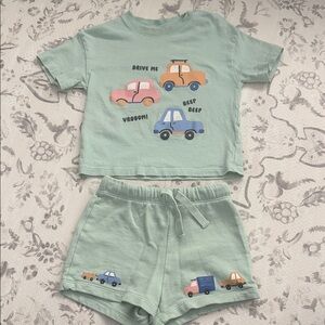 Kids' Green Car Print T-Shirt and Shorts Set